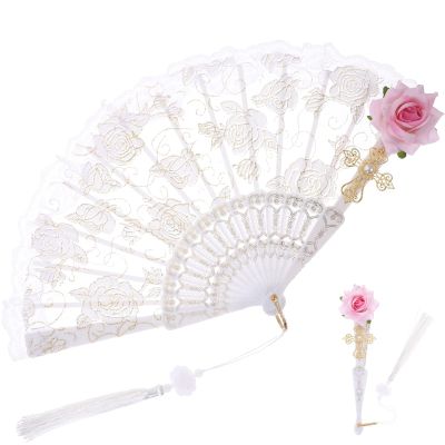 Theaque Folding Fan with Lace and Flower, Vintage Style