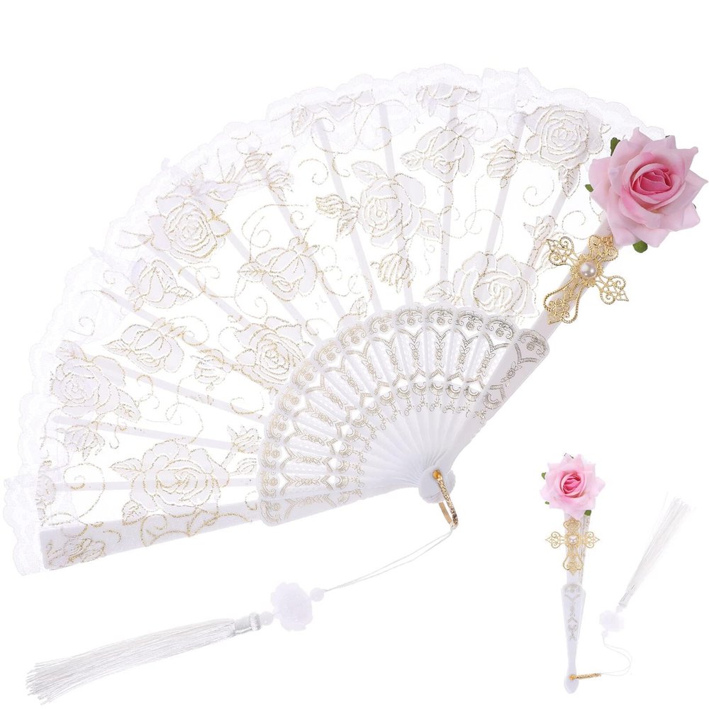 Theaque Folding Fan with Lace and Flower, Vintage Style