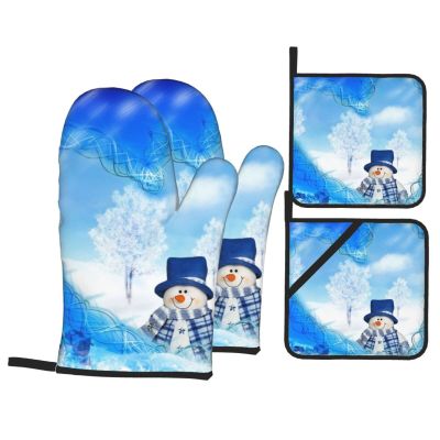 Winter Snowman Oven Mitts and Pot Holders, 4-Piece Set