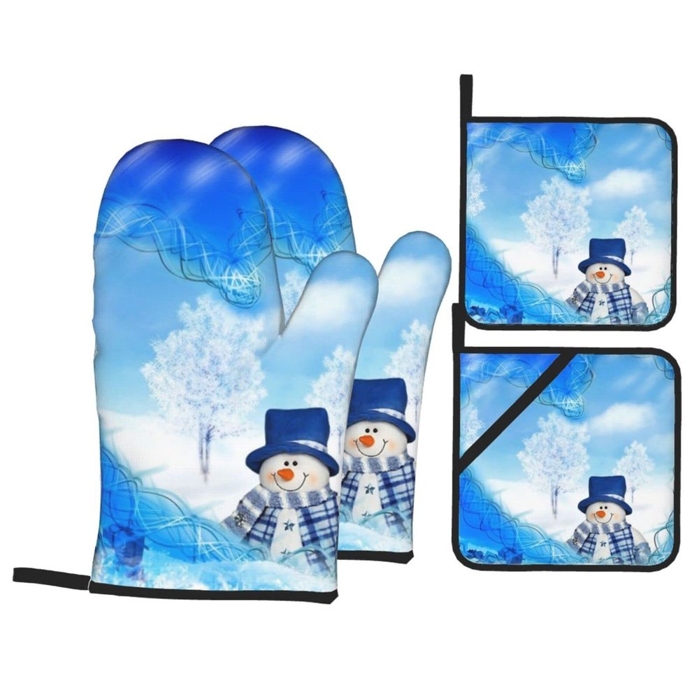 Winter Snowman Oven Mitts and Pot Holders, 4-Piece Set