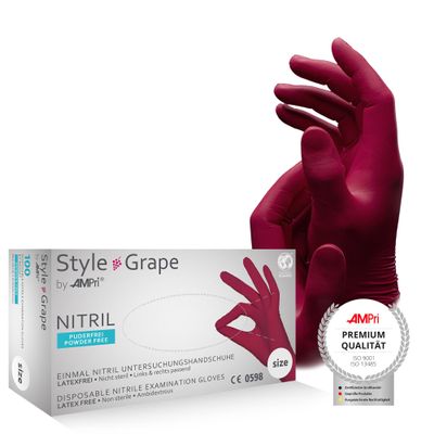 AMPRI Style Grape by Med-Comfort Nitrile Gloves, Bordeaux Red, 100/Box, XS, Powder-Free