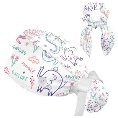 HOHODIY Adjustable Work Cap with Buttons, Elephant Crocodile Monkey Protective Hat with Bow Hair Tie for Women, Multicolor 01, M/L