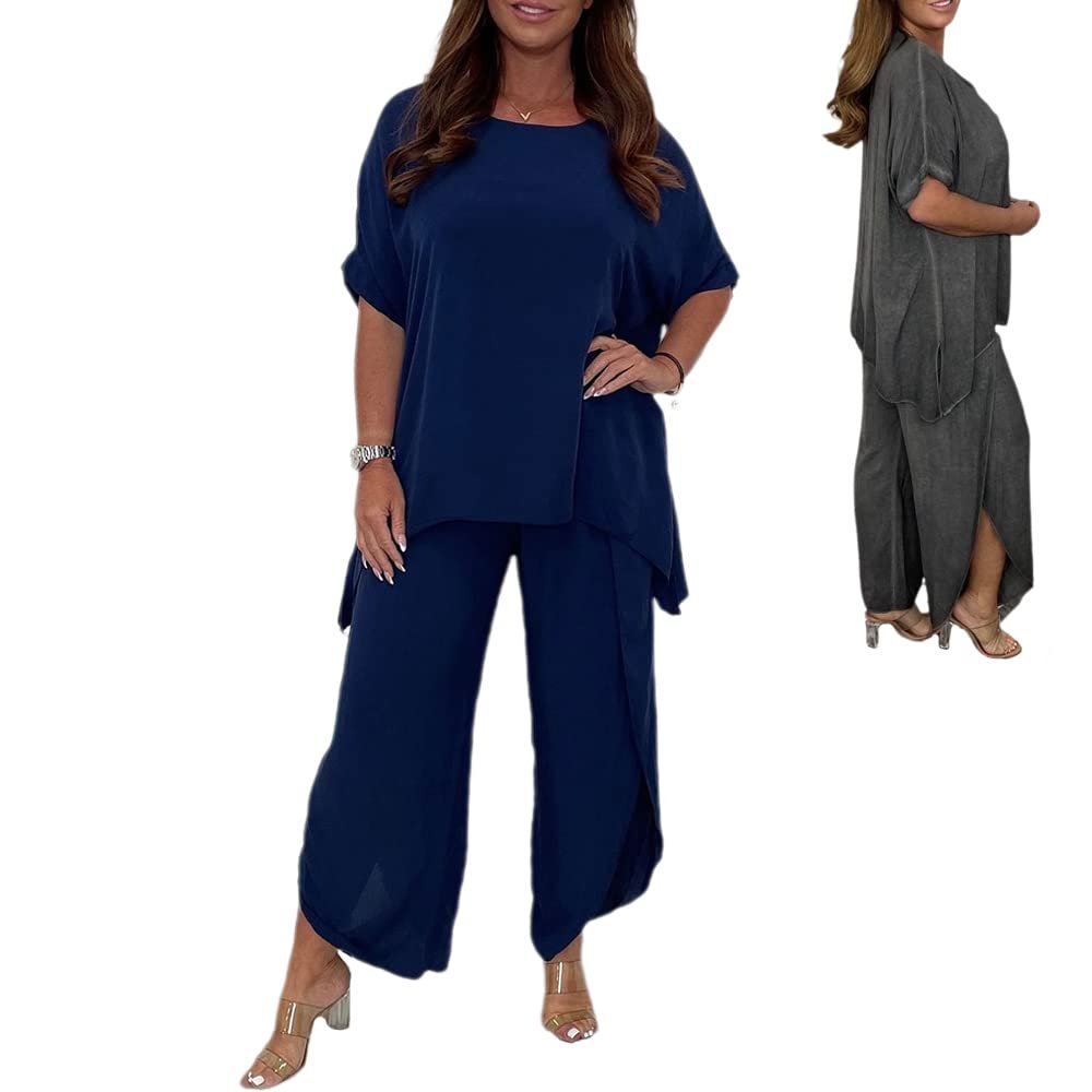 JIEJIAN Women's Summer 2-Piece Pants Set with Short-Sleeve Top, Loose Fit, Dark Blue, Large