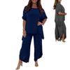 JIEJIAN Women's Summer 2-Piece Pants Set with Short-Sleeve Top, Loose Fit, Dark Blue, Large view 1