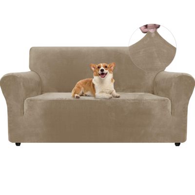 Ystyle Velvet Sofa Cover for 2-Seater Sofa, Stretch Couch Protector with Armrests, Non-Slip, Camel