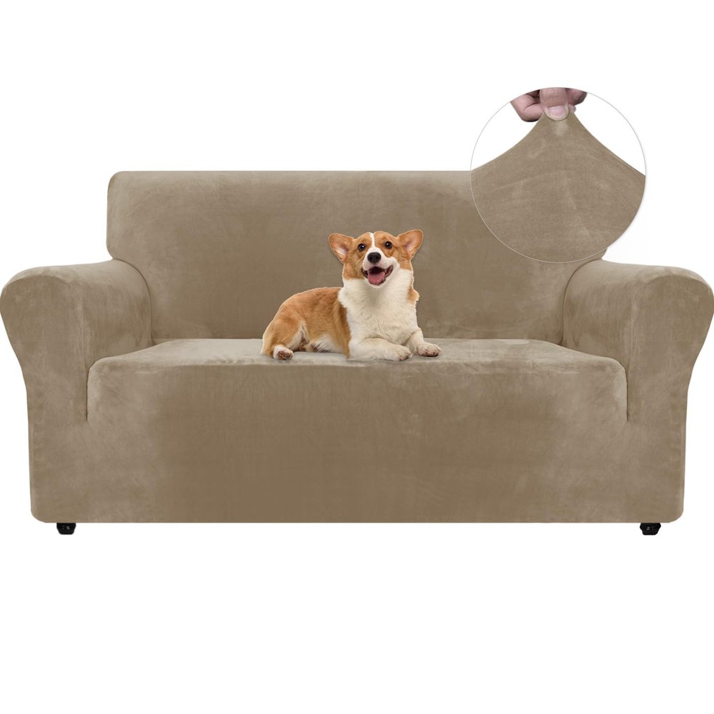 Ystyle Velvet Sofa Cover for 2-Seater Sofa, Stretch Couch Protector with Armrests, Non-Slip, Camel