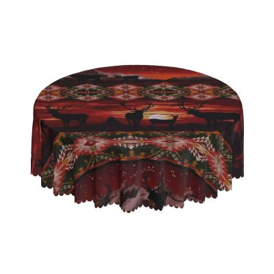 Southwest Deer Sky Lodge Stripe Russet 60-Inch Round Printed Washable Tablecloth