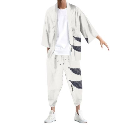 Beokeuioe Men's Haori Jacket and Shorts Tracksuit, Retro 2-Piece Kimono Set