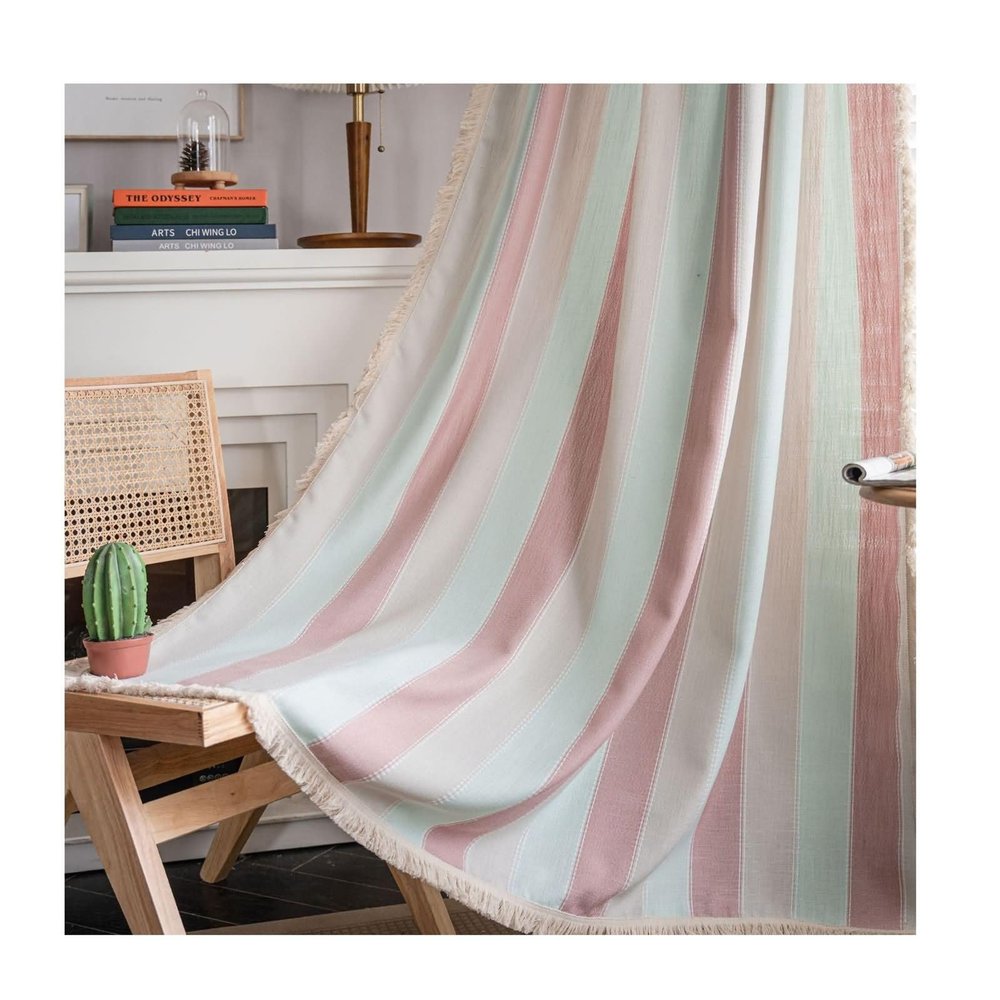 Homxi Semi-Sheer Bedroom Curtains, 2-Pack, 52"W x 36"H Each, Pink/Light Green Striped, Rod Pocket