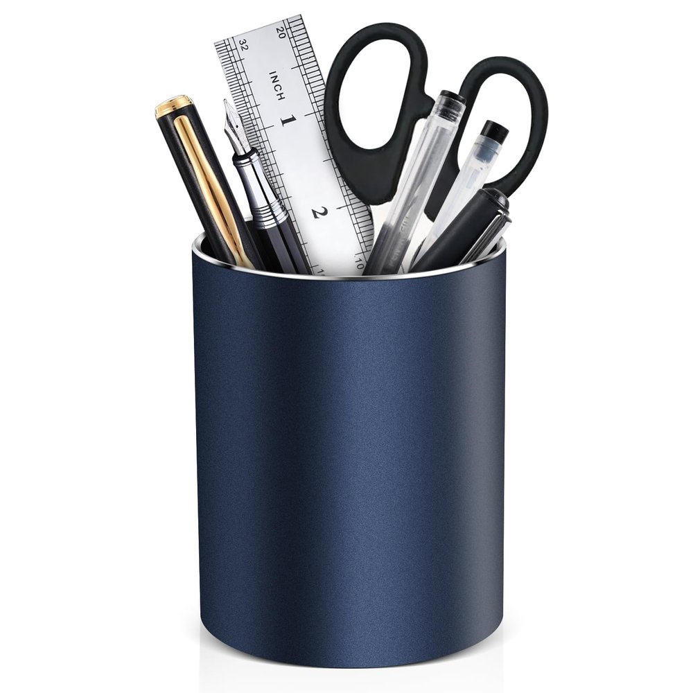 RQB Round Aluminum Pen Holder for Desk, Desktop Organizer and Makeup Brush Holder, Blue
