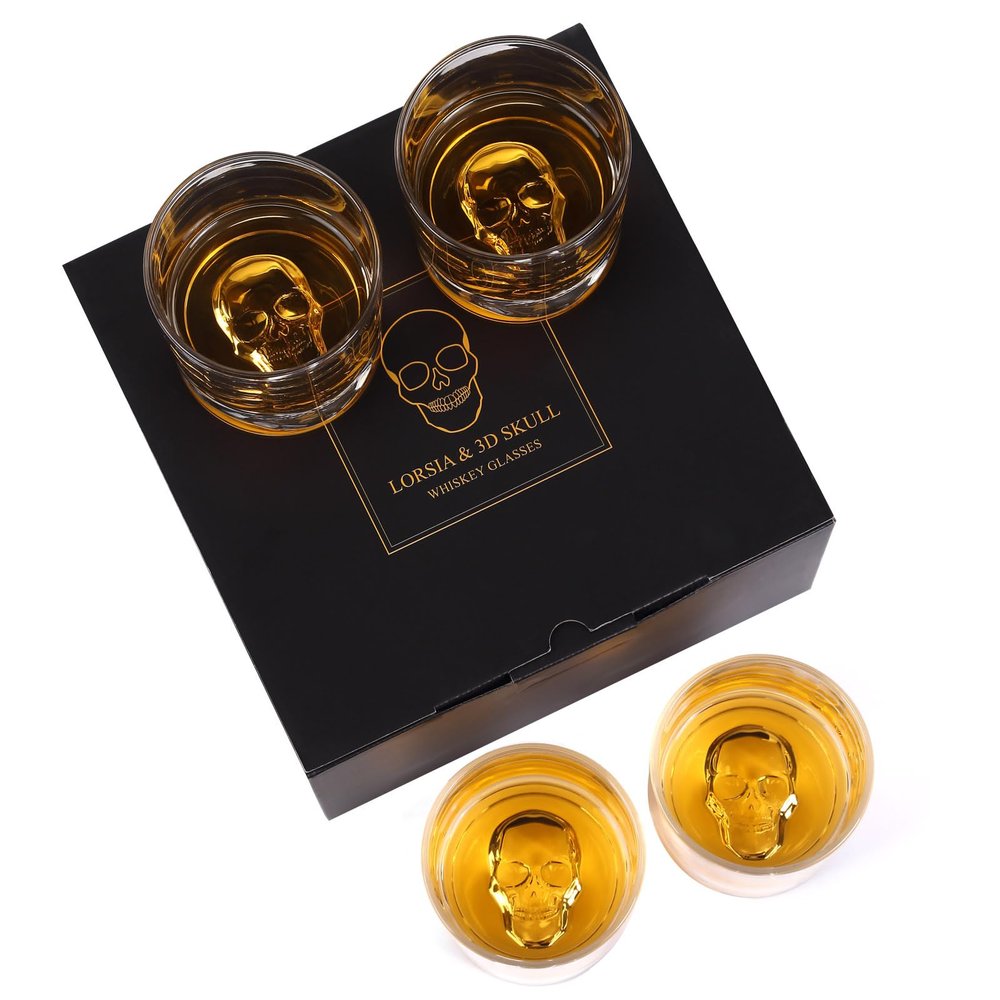 Skull Whiskey Glass Set, 2-Piece Gift Box - 300 ml Crystal Whisky Glasses for Scotch, Cocktails, Rum, Cognac, Liqueur, Halloween, Christmas and Thanksgiving Gifts for Men (4 Count, Pack of 1)