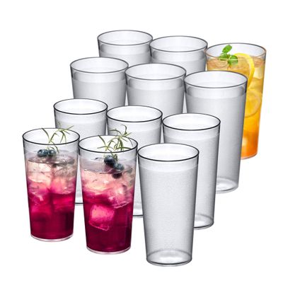 Amazing Abby Cafely 16 oz and 24 oz Plastic Cups, 12-Piece Set, Restaurant-Style, Stackable, BPA-Free, Shatter-Resistant, Dishwasher-Safe, Clear