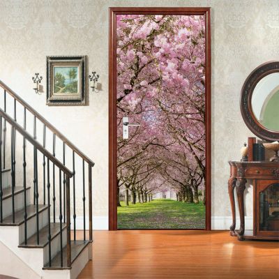 Peach Blossom Path Self-Adhesive Door Wallpaper, 77 x 200 cm