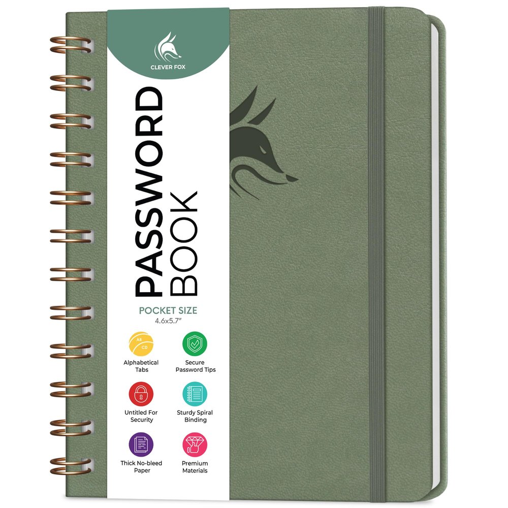 Clever Fox Spiral Password Book, Mini Internet Address and Password Organizer with Laminated Alphabetical Tabs, Hardcover, Pocket Size, 11.9 x 14.5 cm