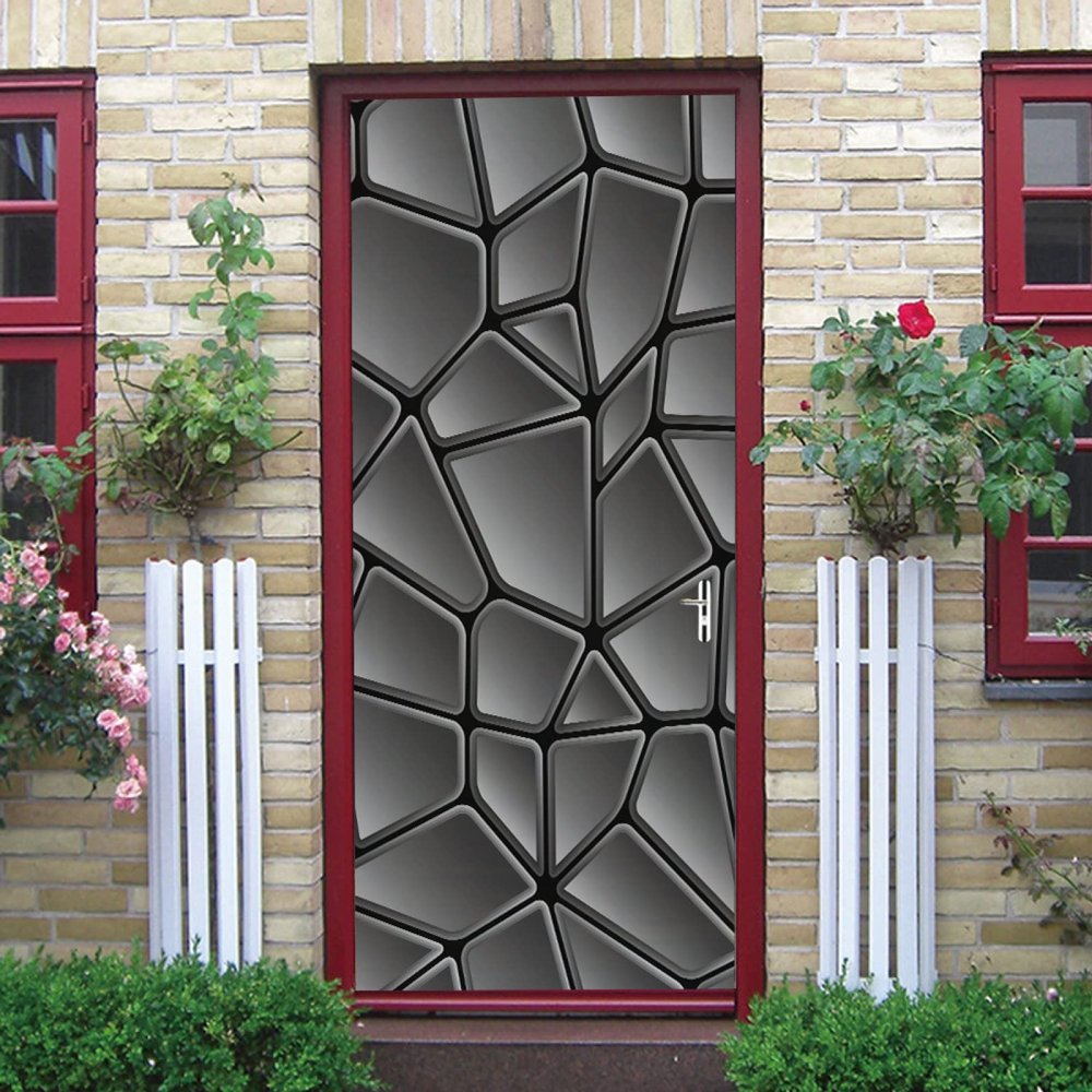 3D Door Wall Sticker, Black Geometric Pattern, Self-Adhesive PVC Wallpaper, 100 x 200 cm