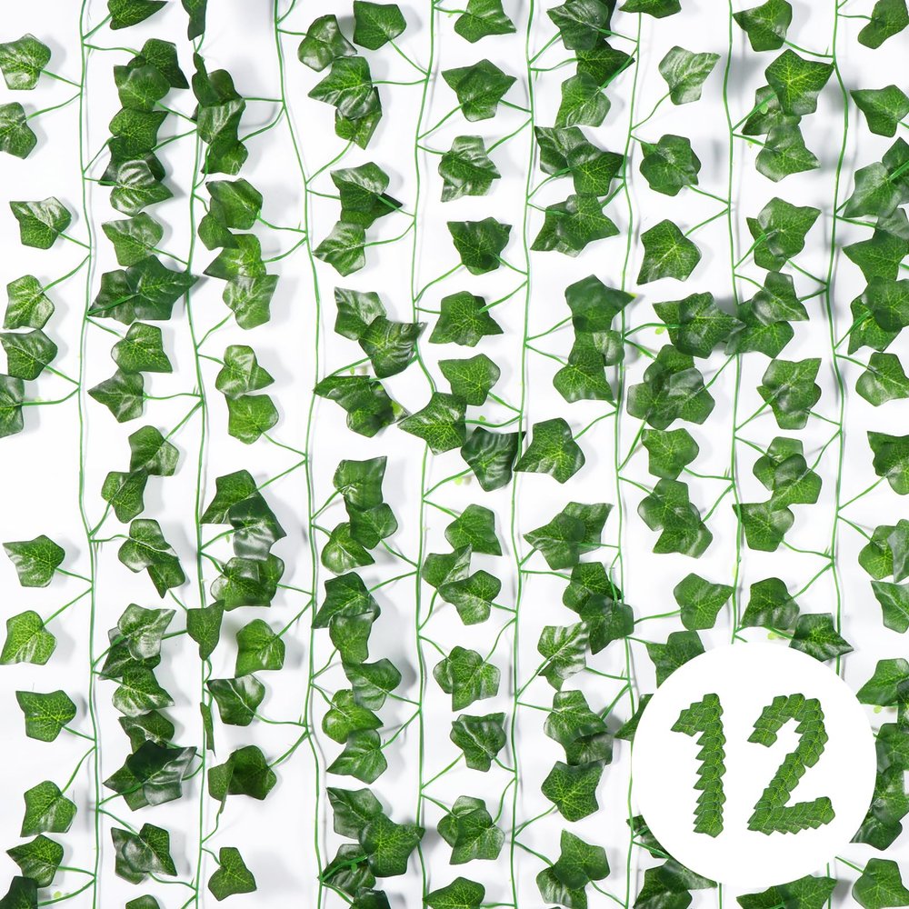 Vinabo Artificial Ivy, 12-Piece Ivy Garland, 2.1 m Green Ivy Vine for Garden, Wedding, Party, Wall Decor, Halloween and Patio