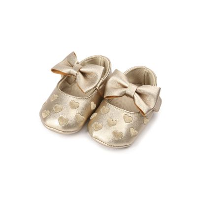 DUnLap Christmas Shoes for Girls and Boys, Casual Shoes, 3 Leather Heart-Shaped Printed Hooks, Soft Sole, Women's Christmas Shoes (Color: Gold, Size: 0–6 Months)