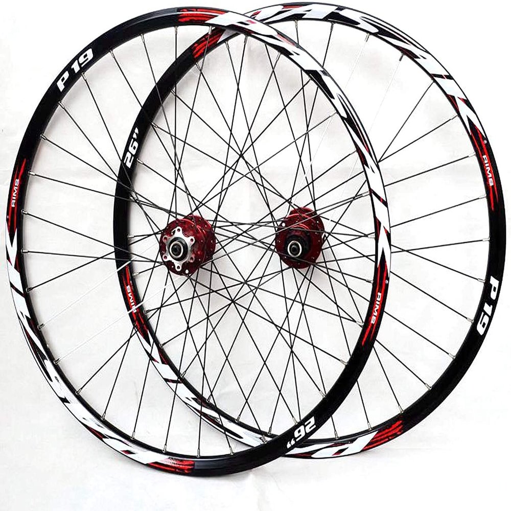 ZECHAO Mountain Bike Wheelset, 26/27.5/29 in, Double-Wall Aluminum, 32-Hole, Quick-Release, Disc Brake, 7–11-Speed, Red