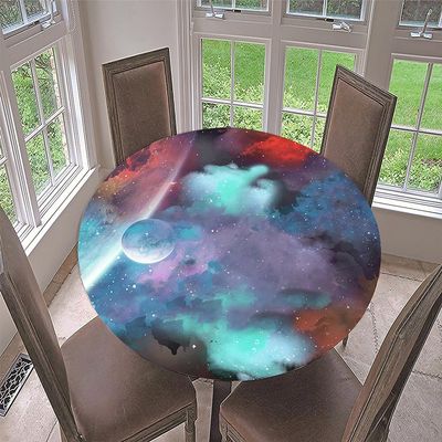 Hixingo 90 cm Round Elastic Tablecloth, Washable Outdoor Table Cover, Blue Space