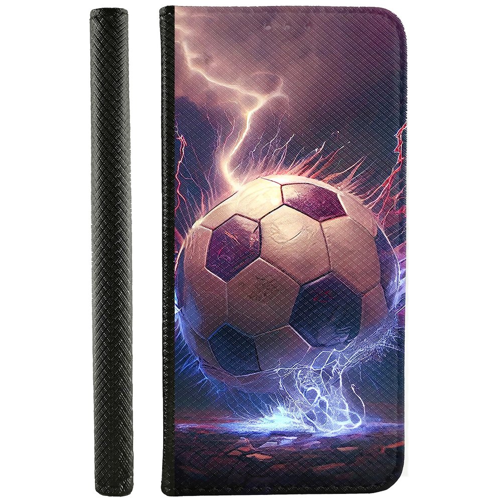 CoverHeld iPhone 14 Flip Case, Faux Leather, Design 3498 Abstract Soccer Lightning