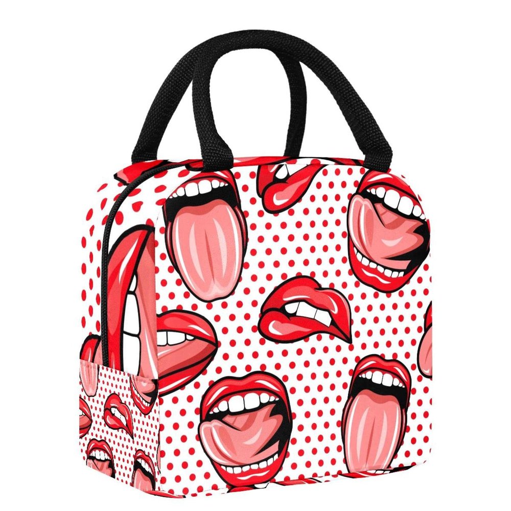 Red Lips and Tongue Dot Pattern Insulated Lunch Bag