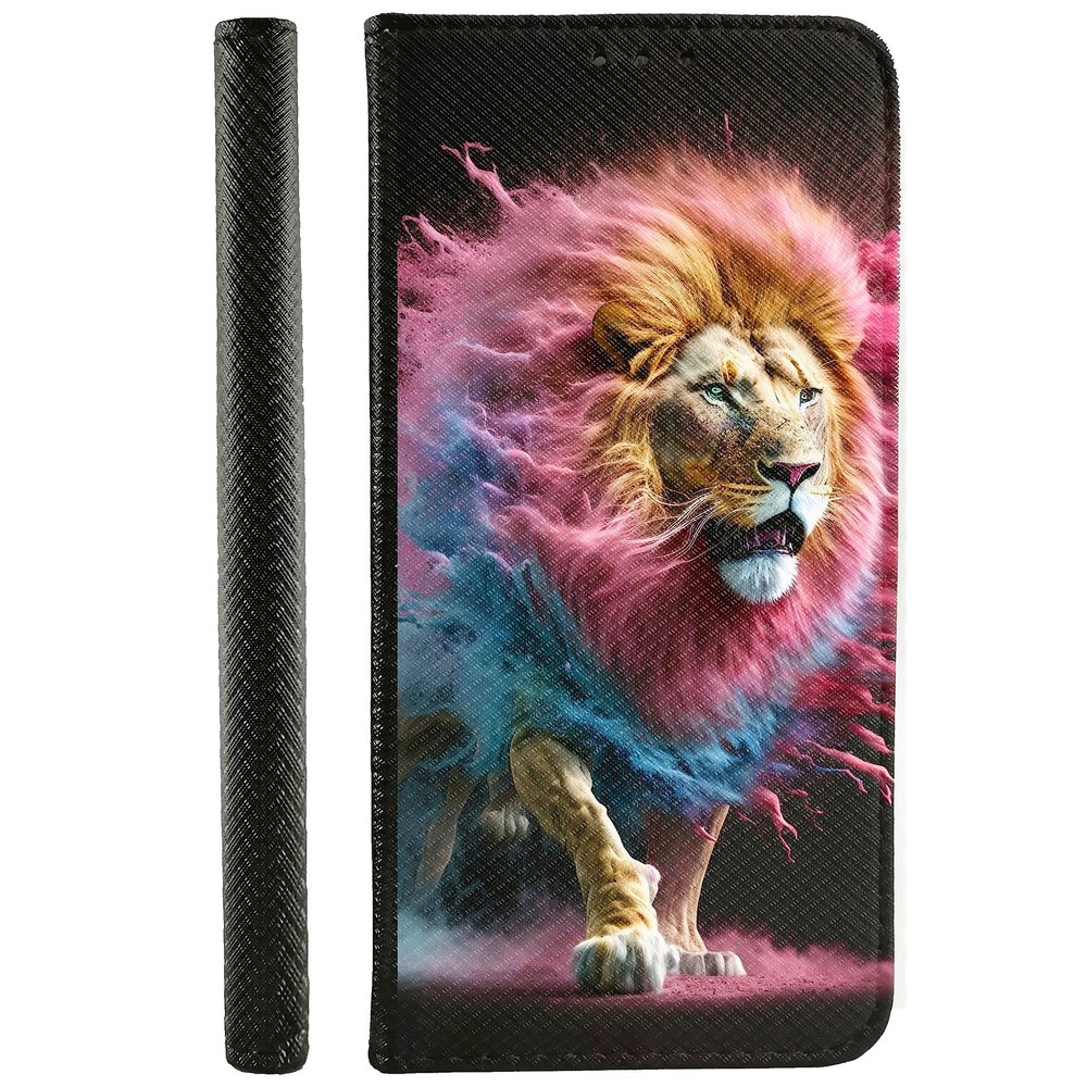 CoverHeld Flip Phone Case for Xiaomi Redmi Note 9 Pro, Faux Leather, Design 3493, Blue Lion with Pink Mane Color Explosion