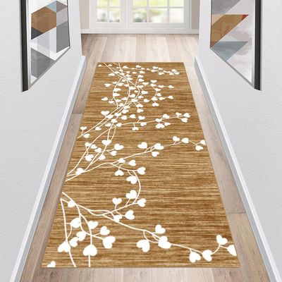 Siunwdiy Non-Slip Washable Hallway Runner, Brown Vintage Kitchen Rug, 50 x 380 cm, White Leaf Pattern
