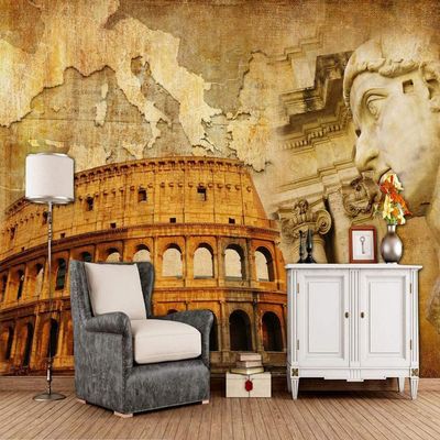 Custom 3D Wall Mural, Retro Building Figures, Peel-and-Stick, 400 x 280 cm