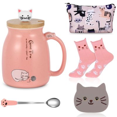 Uiifan Ceramic Cat Mug Set, 16 oz, with Lid
