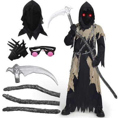 Spooktacular Creations Kids' Grim Reaper Costume with Glowing Eyes, Scary Phantom Halloween Costume for Boys, Black, Size L