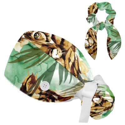 HOHODIY Adjustable Tiger Tropical Surgical Scrub Cap with Buttons, Ponytail Pocket, Sweatband and Bow Hair Tie, Multicolor 01, M/L