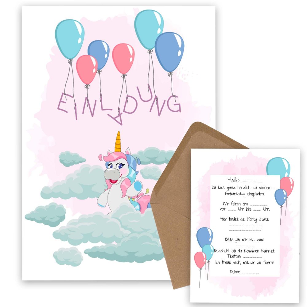 OWLBOOK Unicorn Invitations with Balloons, 50 Kids’ Birthday Invitations for Girls’ Unicorn-Themed Parties, Fill-In Cards