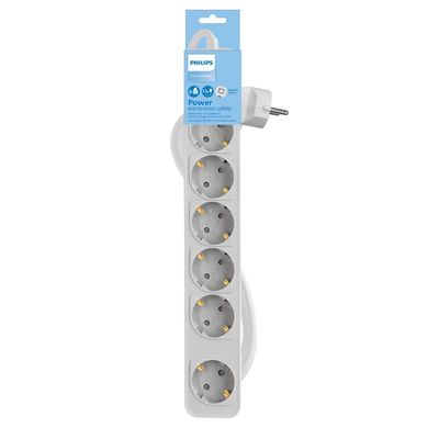 Philips CHP2164W Power Strip – 6 Outlets, 1.5 m Cable, Master Switch, Automatic Safety Shutters, Power LED – White