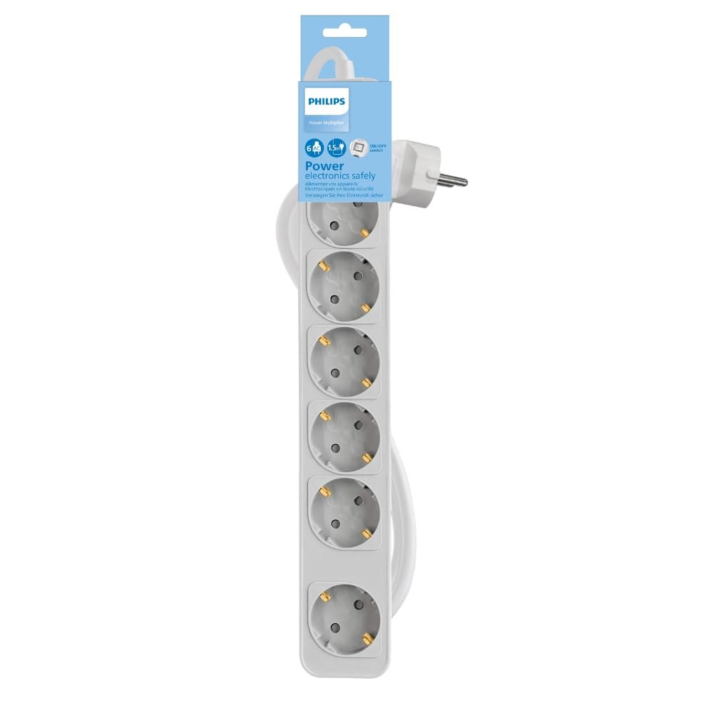 Philips CHP2164W Power Strip – 6 Outlets, 1.5 m Cable, Master Switch, Automatic Safety Shutters, Power LED – White