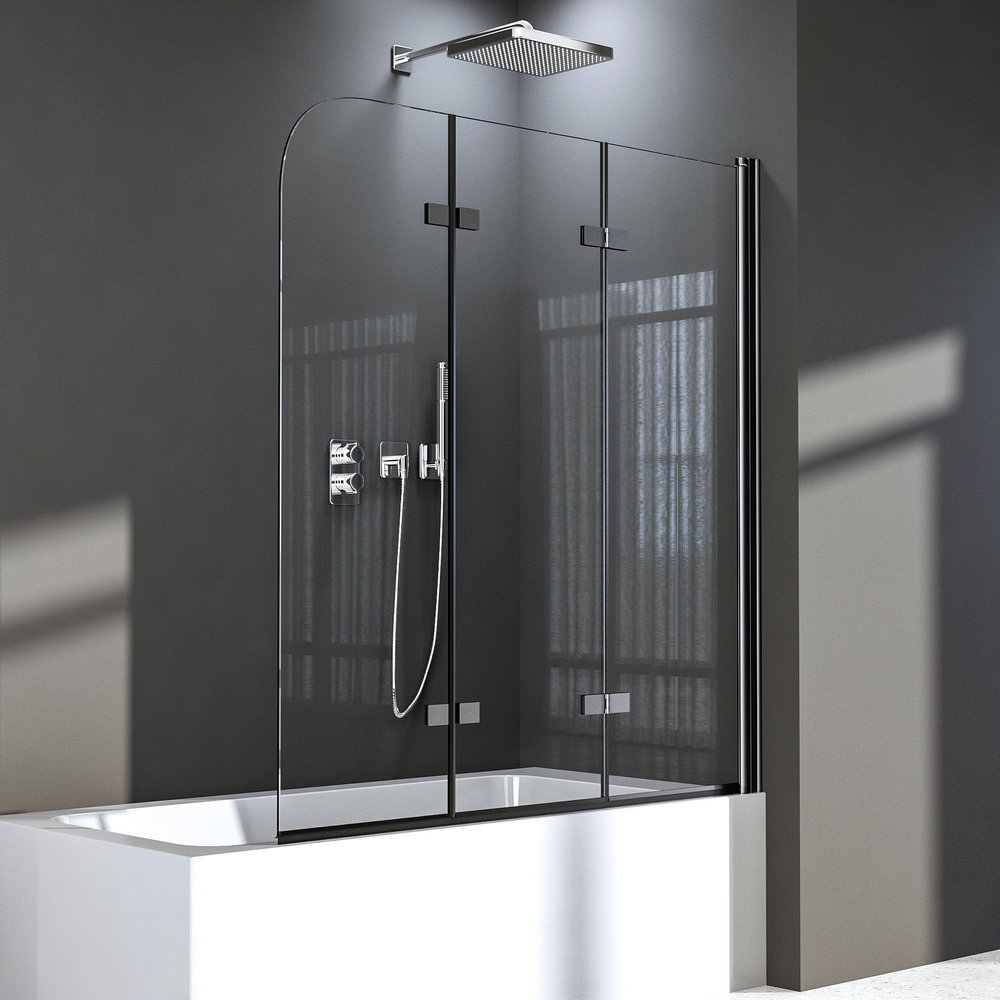 130 x 140 cm Folding Bathtub Shower Screen, 3-Piece, 6 mm Nano Glass, Black