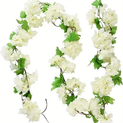 HAOSHICS 2-Pack Artificial Cherry Blossom Flower Vines for Outdoor Use, Hanging Silk Flower Garland for Weddings, Parties, Home Decor, Japanese Kawaii Decor (White)
