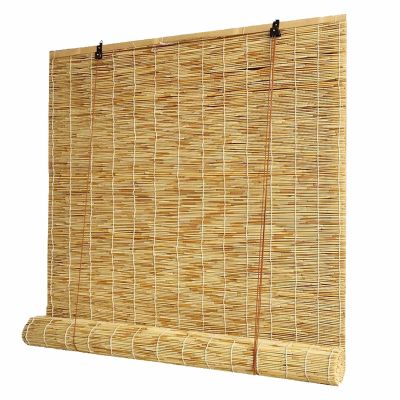 MMleYN Adjustable Bamboo Blind, 60–300 cm Height, Natural Reed Privacy Shade, White Line, 90 x 20