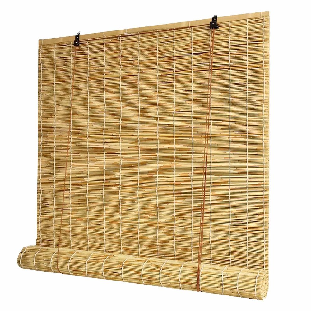 MMleYN Adjustable Bamboo Blind, 60–300 cm Height, Natural Reed Privacy Shade, White Line, 90 x 20