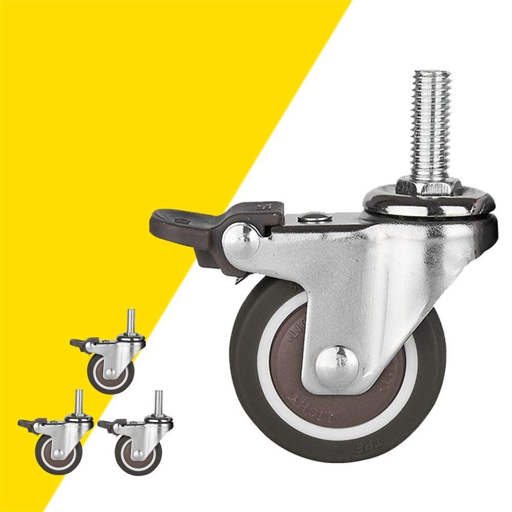Heavy-Duty Swivel Casters with Brakes, Rubber Wheels, 360° Swivel, M6/M8/M10, Set of 4