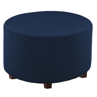 Round Ottoman Slipcover, Jacquard Stretch Footstool Protector with Elastic Bottom, Small Checks, Soft Washable Furniture Cover (Navy Blue, L)