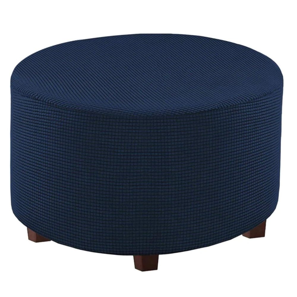 Round Ottoman Slipcover, Jacquard Stretch Footstool Protector with Elastic Bottom, Small Checks, Soft Washable Furniture Cover (Navy Blue, L)