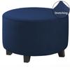 Round Ottoman Slipcover, Jacquard Stretch Footstool Protector with Elastic Bottom, Small Checks, Soft Washable Furniture Cover (Navy Blue, L) view 3