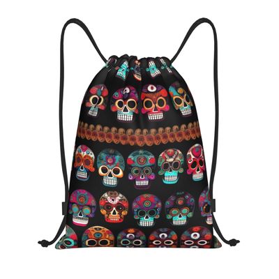 PIXOLE Mid-Century Modern Art Cat Drawstring Backpack, Waterproof String Bag, Gym Sack, Mexican Skull Print, Medium