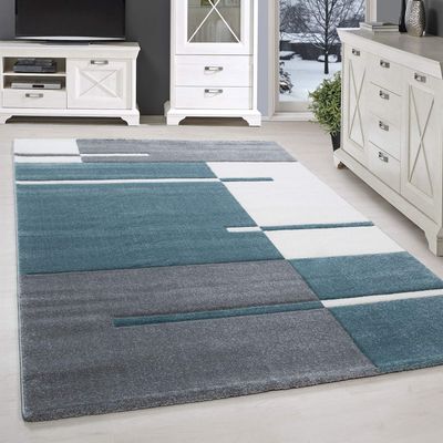 SIMPEX XXL Rug 280 x 370 cm, Short Pile, Contour-Cut Blue-Gray-White Checkered Design