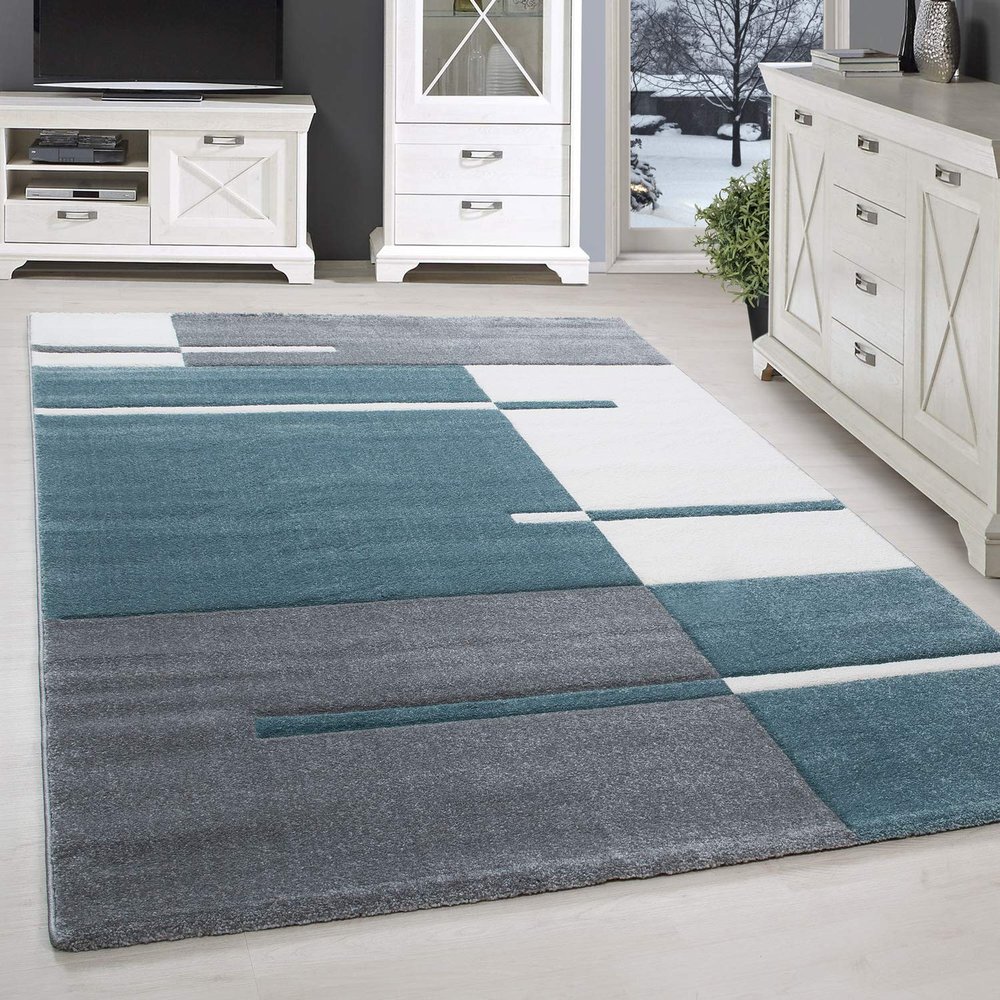 SIMPEX XXL Rug 280 x 370 cm, Short Pile, Contour-Cut Blue-Gray-White Checkered Design