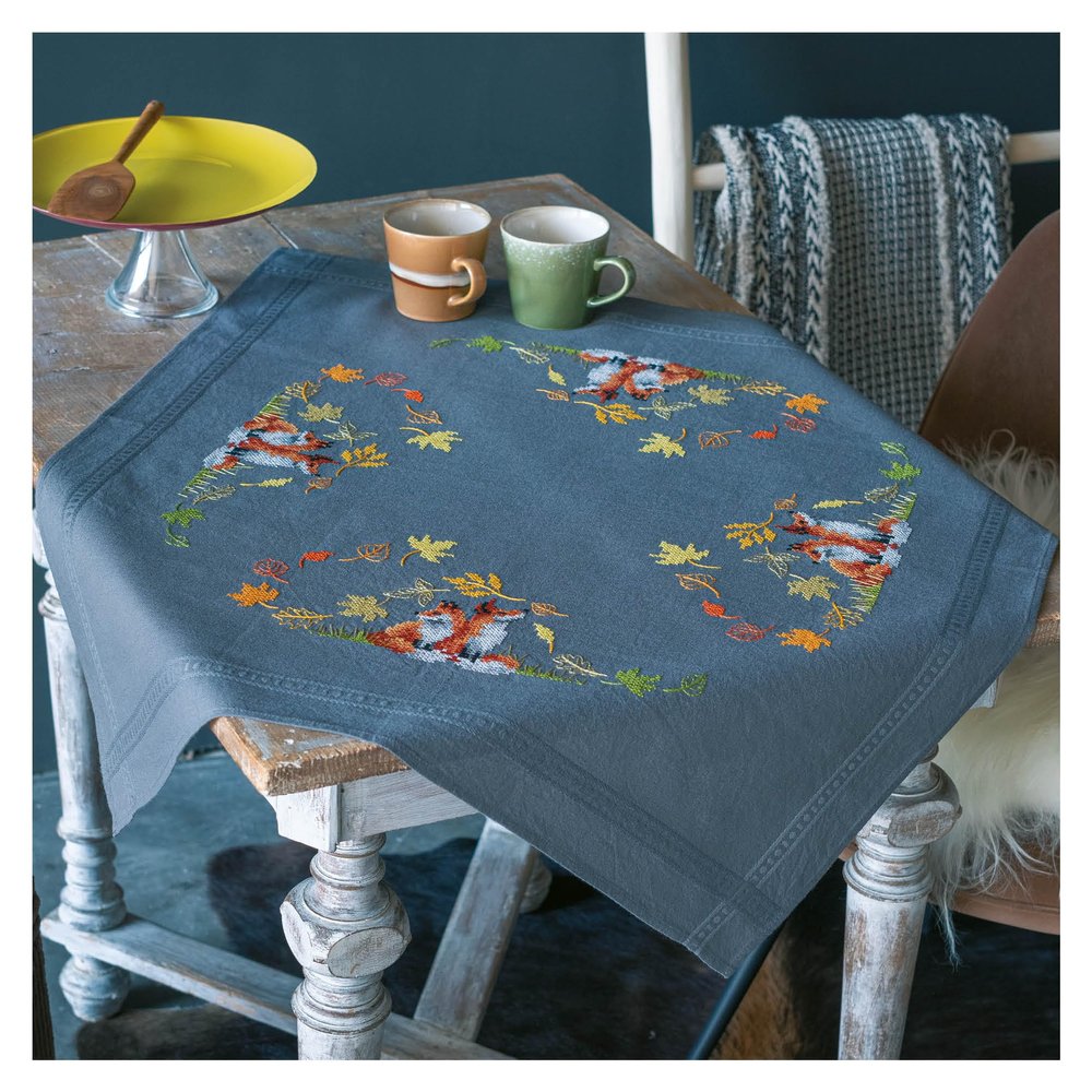 Vervaco Cross-Stitch Kit – Foxes in Autumn Tablecloth, 80 x 80 cm