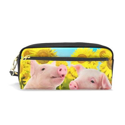 Piglet on Fence and Sunflowers Pencil Case, PU Leather, Office and School Organizer