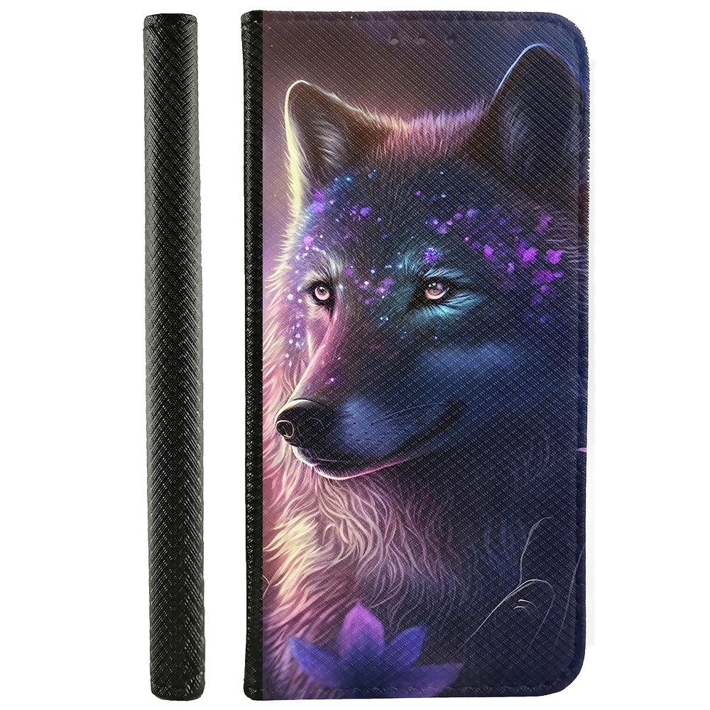 Huawei P30 Flip Case, Faux Leather, Design 3490: Mystical Wolf and Purple Blossoms
