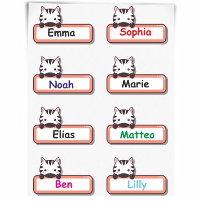 INDIGOS UG Name Stickers for Kids' School - 48 Stickers - Zebra - Approx. 50 x 30 mm - Cute Baby Animals - Cartoon Stickers - Personalized - Kindergarten Supplies, Pencil Cases, Rulers