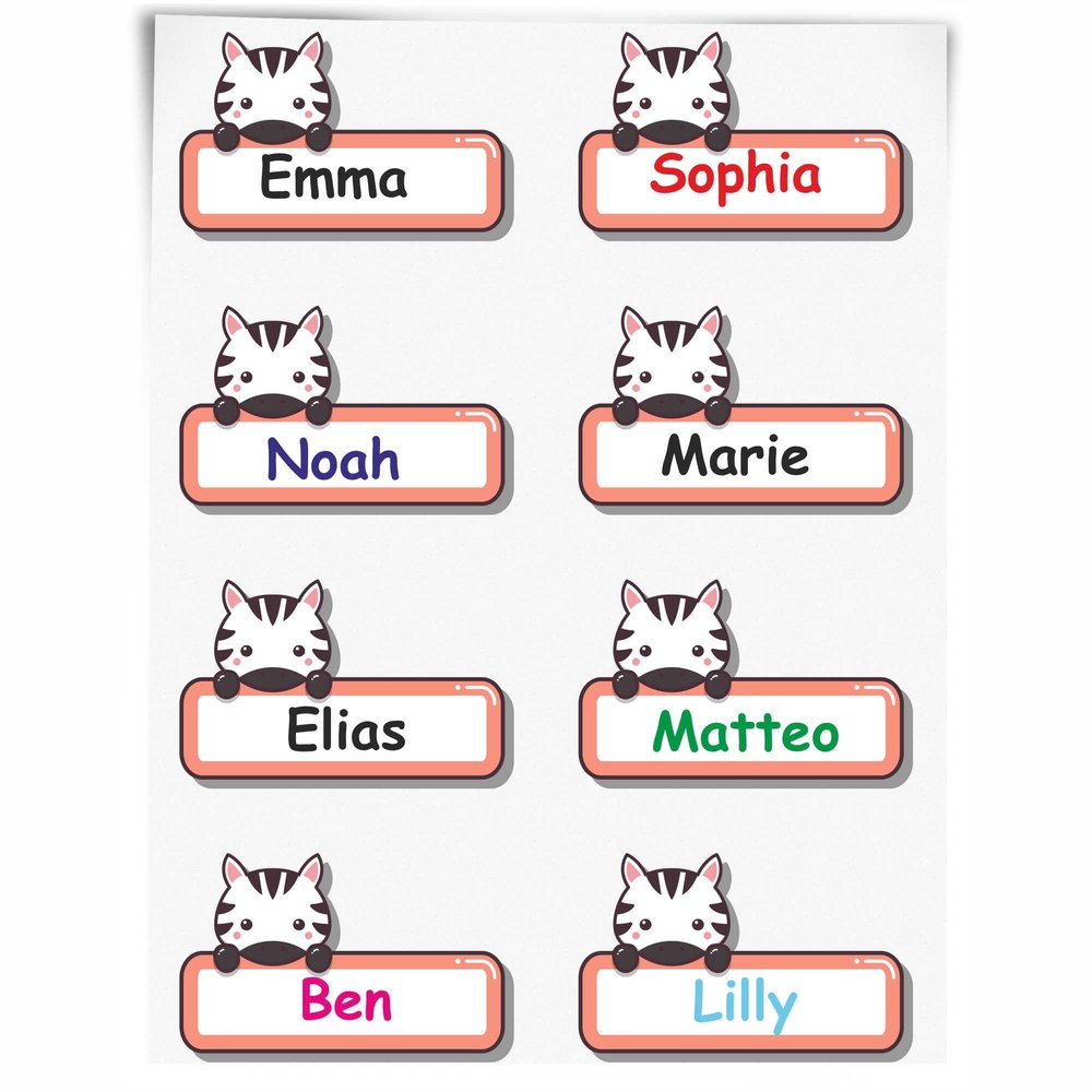 INDIGOS UG Name Stickers for Kids' School - 48 Stickers - Zebra - Approx. 50 x 30 mm - Cute Baby Animals - Cartoon Stickers - Personalized - Kindergarten Supplies, Pencil Cases, Rulers
